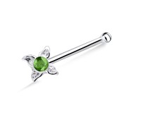 Green Stone Leaf Silver Bone Nose Stud NSKD-673 